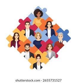 Trabalho em equipe e conceito de diversidade corporativa. Diferentes empresários colocados em grade de quebra-cabeça de diamante. Ilustração isolada de vetor.