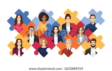 Teamwork and corporate diversity concept. Different business people placed in puzzle grid background. Isolated vector illustration.