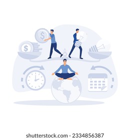 teamwork and corporate leisure and yoga courses. good balance between idea, time and work, flat vector modern illustration