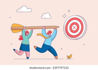 Teamwork or corporate mission concept. Aiming at target, reaching goal or achievement, team collaboration or partnership, business man and woman, people help carry archery bow to hit target bullseye.