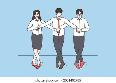 Teamwork and corporate party concept. Group of three colleagues holding hands dancing together in office during corporate event vector illustration 