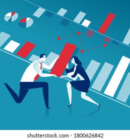 Teamwork. Couple lays down part of a rising graph. Business  vector illustration.
