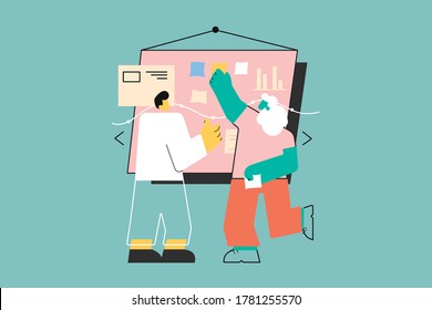 Teamwork, coworking, business, analysis concept. Young team businessman woman clerks managers coworkers employees putting colorful sticky notes on glass window in office. Making plan list illustration