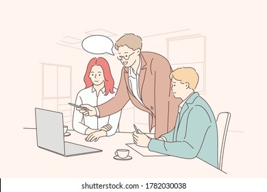 Teamwork, coworking, business, analysis, meeting concept. Team businessmen woman clerks managers coworkers negotiating working in office. Collective discussion planning and brainstorming illustration.