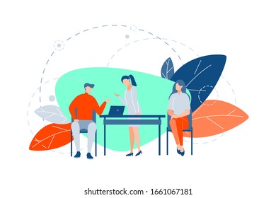 Teamwork, coworking, business concept. Young business women, business man do teamwork at office. Coworking leadership process within team between boy and girls managers or clerks. Flat vector