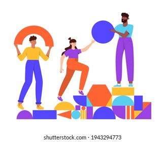 Teamwork, coworking, business partnership concept flat illustration. Characters with abstract geometrical shapes. Diverse people working together. Men and women organize abstract geometric figures