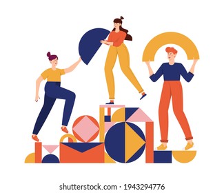 Teamwork, coworking, business partnership concept flat illustration. Characters with abstract geometrical shapes. Diverse people working together. Men and women organize abstract geometric figures