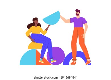 Teamwork, coworking, business partnership concept flat illustration. Characters with abstract geometrical shapes. Diverse people working together. Men and women organize abstract geometric figures
