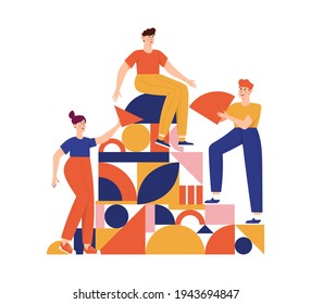 Teamwork, coworking, business partnership concept flat illustration. Characters with abstract geometrical shapes. Diverse people working together. Men and women organize abstract geometric figures