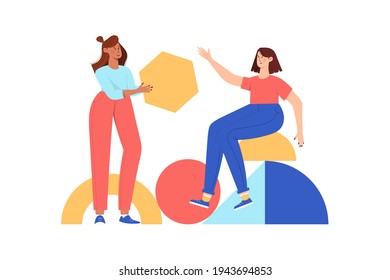 Teamwork, coworking, business partnership concept flat illustration. Characters with abstract geometrical shapes. Diverse people working together. Men and women organize abstract geometric figures