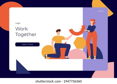 Teamwork, Zusammenarbeit, Business Partnership Konzept, flache Illustration. Zeichen mit abstrakten geometrischen Formen Landing Page Design. Verschiedene Leute arbeiten zusammen. Menschen organisieren geometrische Figuren