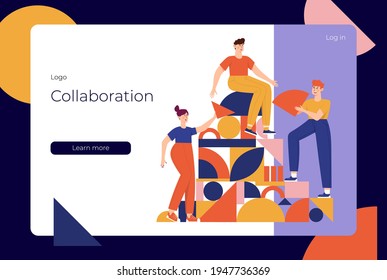 Teamwork, Zusammenarbeit, Business Partnership Konzept, flache Illustration. Zeichen mit abstrakten geometrischen Formen Landing Page Design. Verschiedene Leute arbeiten zusammen. Menschen organisieren geometrische Figuren