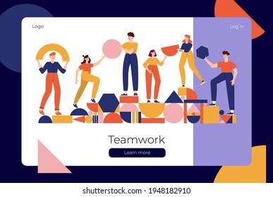 Teamwork, coworking, business partnership concept flat illustration. Characters with abstract geometrical shapes landing page design. Diverse people working together. People organize geometric figures