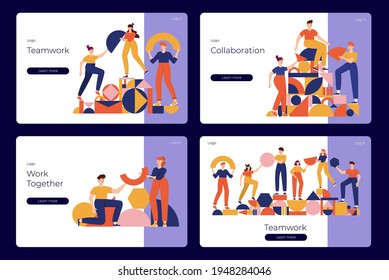 Teamwork, coworking, business partnership concept flat illustration. Characters with abstract geometrical shapes landing page design. Diverse people working together. People organize geometric figures