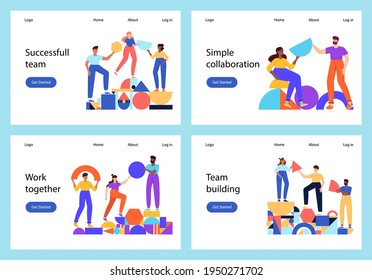 Teamwork, coworking, business partnership concept flat illustration. Characters with abstract geometrical shapes landing page design. Diverse people working together. People organize geometric figures