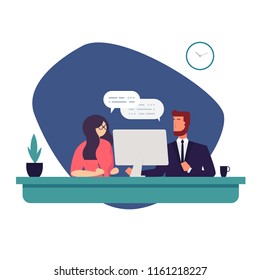 Teamwork, coworking. Business people are working together. Office workers discuss work. Developing and management of the project. Solution, problem solving. Simple and clear flat illustration