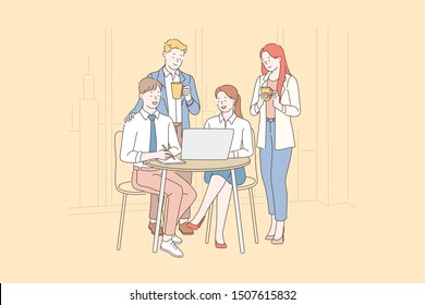 Teamwork, coworking, cooperation concept. A team of creative young people are thinking about a new business idea or start up. Simple flat vector.