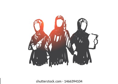 Teamwork, Coworking, Partnership, Business Woman Concept Sketch. Business Women From Saudi Arabia Standing With Phone And Documents. Hand Drawn Isolated Vector Illustration