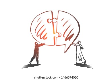 Teamwork, coworking, partnership, communication, success concept sketch. Businessmen European and Arab trying to fix different parts of message symbol together. Hand drawn isolated vector illustration
