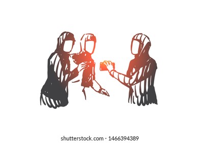 Teamwork, coworking, partnership, communication technologies concept sketch. Business women from Saudi Arabia talking and looking from smartphones. Hand drawn isolated vector illustration