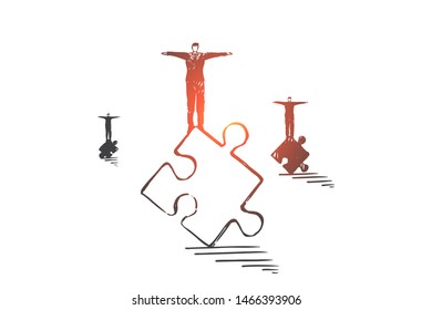 Teamwork, coworking, partnership concept sketch. Businessmen standing on different pieces of puzzle with hands raised. Hand drawn isolated vector illustration