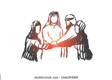 Teamwork, coworking, partnership, success concept sketch. Business people from Saudi Arabia standing and holding hands all together as team. Hand drawn isolated vector illustration