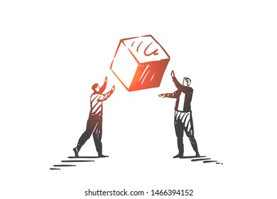 Teamwork, Coworking, Partnership, Success Concept Sketch. Businessmen Standing And Flying And Trying To Catch Cube In Air. Hand Drawn Isolated Vector Illustration