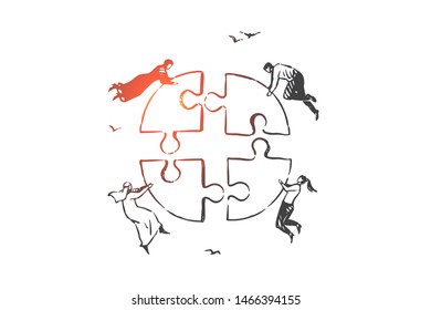 Teamwork, coworking, partnership, success concept sketch. Businessmen European and Arabs flying and fixing together different pieces of puzzle. Hand drawn isolated vector illustration