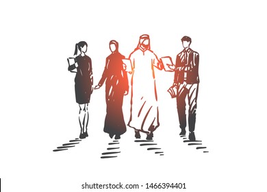 Teamwork, coworking, partnership, success concept sketch. Business people Arabs and Euopeans walking and discussing business issues. Hand drawn isolated vector illustration