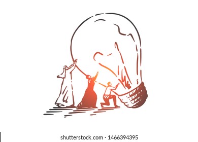 Teamwork, coworking, partnership, success, startup concept sketch. Business people Arabs and Euopeans trying to carry big lamp together. Hand drawn isolated vector illustration