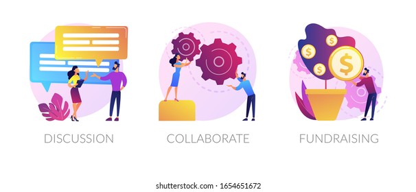Teamwork and coworking web banners set. Online business conference, money investment. Discussion, collaboration, fundraising metaphors. Vector isolated concept metaphor illustrations