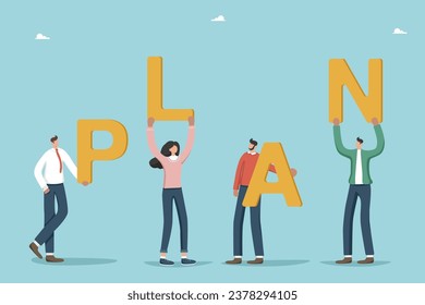 Teamwork to create company development plan, collaboration and partnership to successfully build strategies, brainstorming to plan business goals, team motivation, people with plan letters. svg