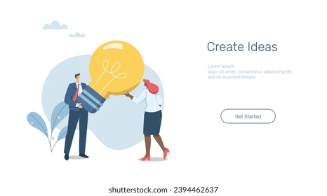 Teamwork kreative Ideen, Business Kreativität, Werbemediendesign Konzept, Banner-Zeichen. Mobile App. Webvorlage. Team von Geschäftsleuten, die eine große Glühbirne halten. Vektordesign-Illustration.