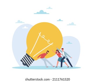 Teamwork of creating an idea. Group of people raise huge light bulb. Brainstorming and creativity process. Creative idea and start up. Vector cartoon flat isolated business concept