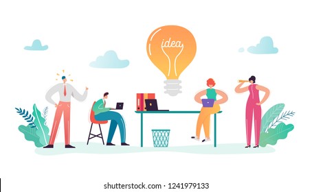 Teamwork, Creative Idea, Business Solutions Concept. Characters Team Working on new Project. Man and Woman at Office Work. Vector illustration