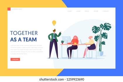 Teamwork Creative Idea Concept For Landing Page. Agency Character Brainstorm For New Digital Business Strategy. Office Team Work Process Website Or Banner. Flat Cartoon Vector Illustration