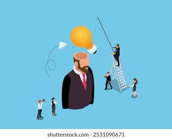 Trabajo en equipo y generación de ideas creativas con Ilustración vectorial isométrica 3D de líder empresarial