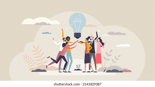 Teamwork creative success and business idea development tiny person concept. Creativity and innovation as key for successful marketing or new product vector illustration. Goal collaboration together.