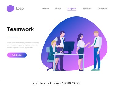 Teamwork Creative Team Flat style landing page banner vector illustration concept. Business meeting room, report or presentation. Group business people look at display and talk.
