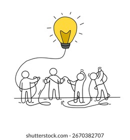 «Teamwork and creativity concept illustration. Grupo de personas que trabajan juntas para crear una gran idea simbolizada por una bombilla brillante. Colaboración, innovación, lluvia de ideas y concepto de éxito i