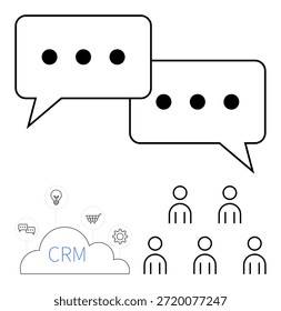 Trabajo en equipo, soluciones CRM, herramientas de colaboración, procesos de negocio, soluciones innovadoras, comunicación. Burbujas de chat, iconos de personas CRM sistema en la nube. Trabajo en equipo y soluciones de CRM destacadas