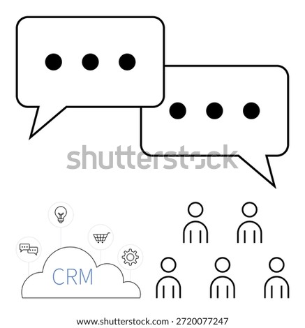 Teamwork, CRM solutions, collaboration tools, business processes, innovative solutions, communication. Chat bubbles, icons of people CRM cloud system. Teamwork and CRM solutions highlighted