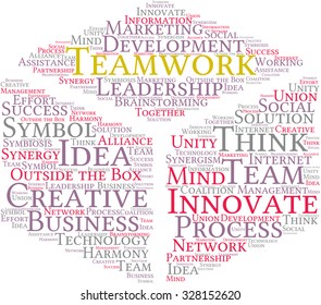 Teamwork cube shaped word cloud on a white background. 
