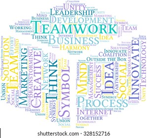Teamwork cube shaped word cloud on a white background. 