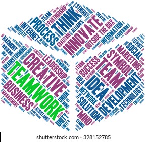 Teamwork cube shaped word cloud on a white background. 