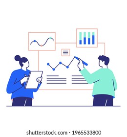 Teamwork está analizando actualmente el análisis de crecimiento de negocios de inicio y estadísticas Vector Ilustración
