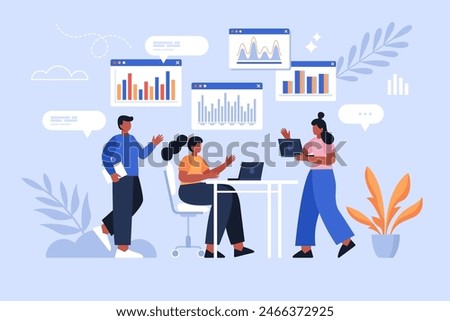 Teamwork and data analysis business concept. Modern vector illustration of people working on business project and marketing strategy