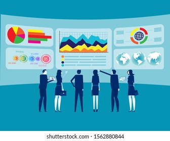 Trabajo en equipo y análisis de datos. Concepto de ilustración vectorial de la delimitación de empresas, datos de los grandes datos y del mercado de valores