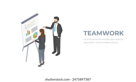Teamwork, data analysis concept with characters. Can use for web banner, infographics, hero images. Flat isometric vector illustration isolated on white background.