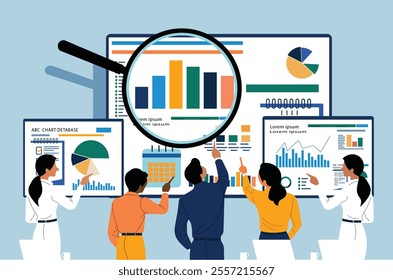 Teamwork and data analysis concept with professionals analyzing charts and graphs, highlighting collaboration, statistics, and business insights for presentations, marketing, and educational content.